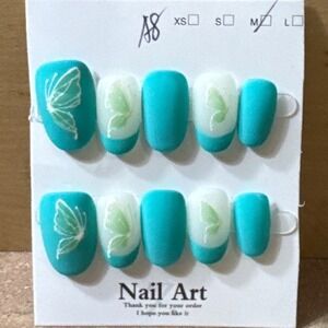 Butterfly Press On Nails Turquoise Teal Matte French Tip Size Medium